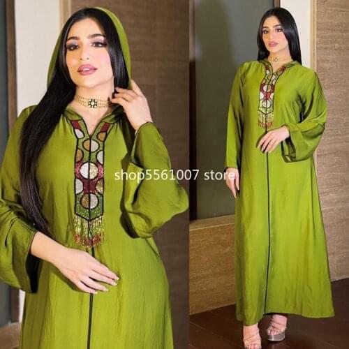 Fashion Muslim Abaya Hooded Dress Jalabiya Hijab Robe for Women Beaded Tassel Morocco Kaftan Islamic Dubai Clothes Green