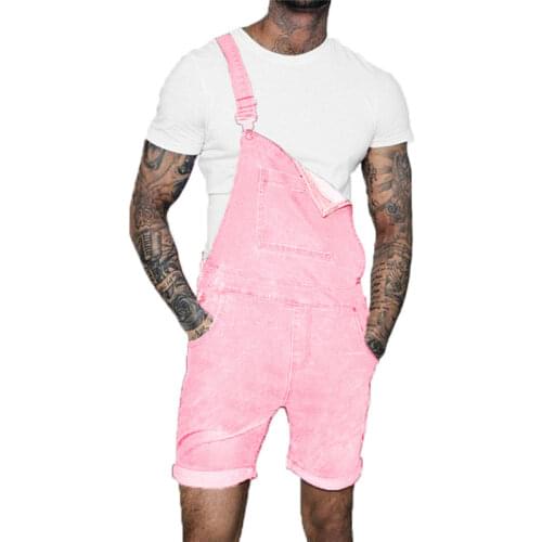 Pink Denim Overall Shorts for Men 2020 Fashion Hip Hop Streetwear Mens Jeans Overall Shorts Plus Size Short Jean Jumpsuits