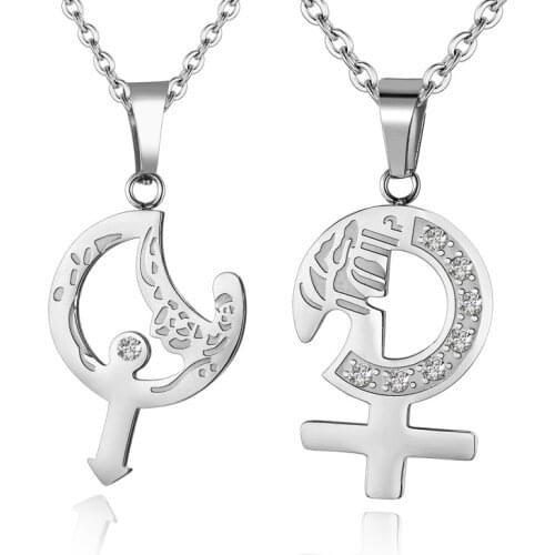 2pcs Mens Womens Couples Stainless Steel Jewelry Puzzle Pendant Necklace Lover Set Silver