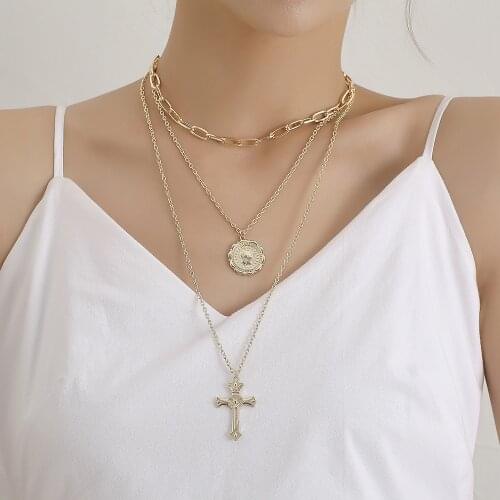 New Fashion Aluminum Alloy Thick Chain Honeysuckle Round Brand Necklace Women Retro Multi-layer Necklace Jewelry Gift