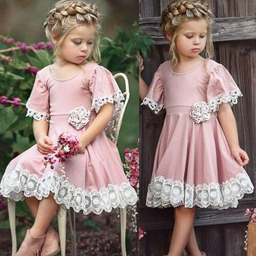 New 2021 Summer Baby Girls Dress Short-sleeved Lace Pink Princess Dresses Soft Cotton Party Wear For 1~3 Years Old Dropshipping