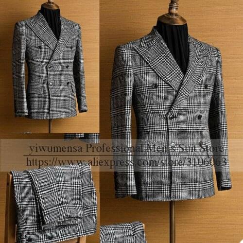 YIWUMENSA Grey Plaid Check Slim Fit Winter Grooms Men Suits For Wedding Custom Made Jacket+Pants 2 Pieces Groomsmen Blazer 2021