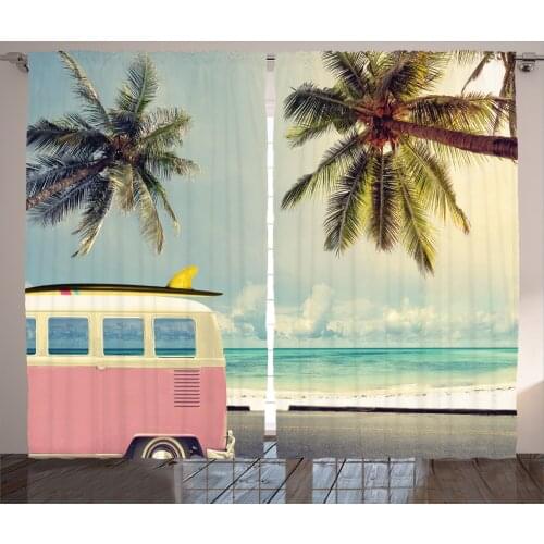 Hippie Beach Curtains Vintage Effect Van Palm Trees Satin Fabric Drapes for Living Room Bedroom 2 Panel Window Set
