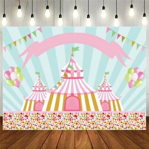 Pink Teal Circus Backdrop Carousel Top Tent Girls Birthday Party Cake Table Playground Background for Baby Shower Banner