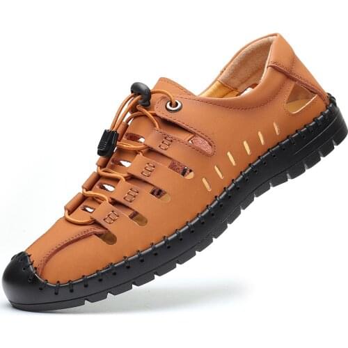 Mens Sandals Trendy Summer Shoes For Male Genuine Leather Flats Hollow Out Low Heels Breathable And Comfortable Toish TS082