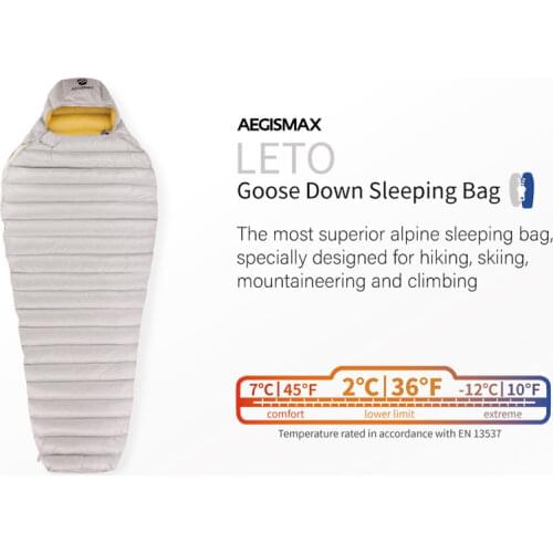 AEGISMAX Leto Gray Ultraligh Outdoor Camping Ultra Dry White Goose Down Sleeping Bag 700FP Mummy Type Gear Water Repellent Down