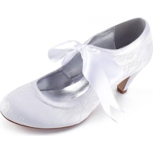 Mid Heels Lace Wedding Shoes Women Round Toe Ribbon Tie up Heeled Wedding Bridal Party Dress Pumps