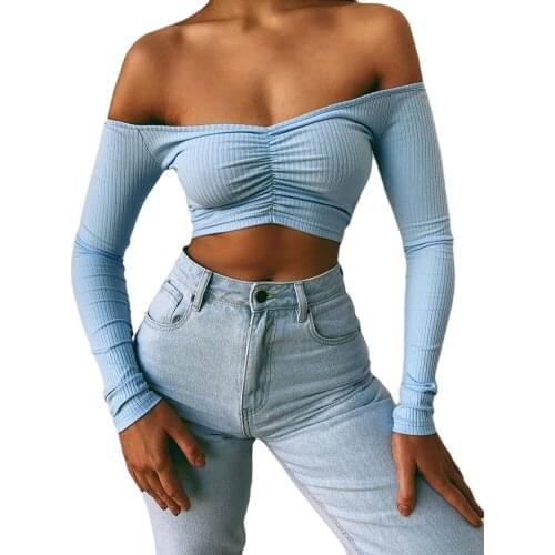 Hirgin New Fashion Women' s Sexy Off Shoulder T-Shirt Tube Vest Long Sleeve Ribbed Knit Blouse Exposed Navel Slim Tops