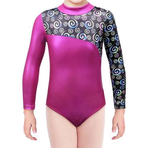 Girls Dance Gymnastic Leotards Long Sleeve Whorl Printed High Neck Dancewear Costumes Professional Gymnastic Leotards 2-10Y