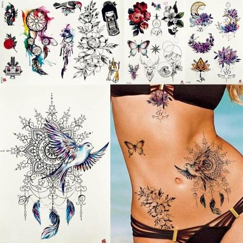 Women Dreamcatcher Peace Pigeon Birds Tattoos Temporary Tribal Feather Body Arm Waist Bracelet Flower Tatoo Fake Butterfly Tatoo