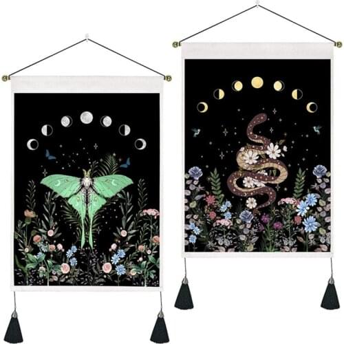 Pack of 2 Moon Phase Tapestry Flower Tapestry Floral Moth Tapestry Snake Tapestry Black Background Tapestry Wall Hanging