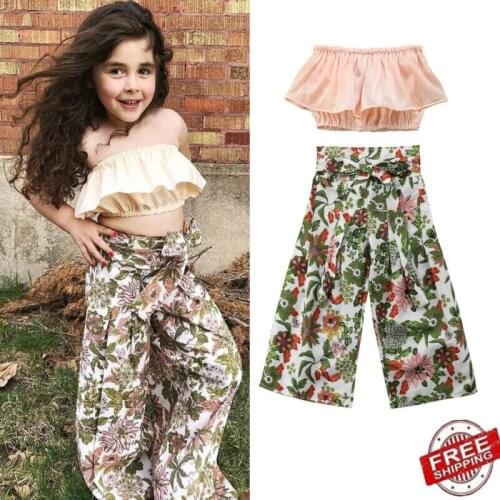 2020 Brand Fashion Kid Girls Clothes Set Off Shoulder Strapless Tank Tops Crop Tops+Wide Leg Floral Pants 2PCS Set Outfits 2-7Y