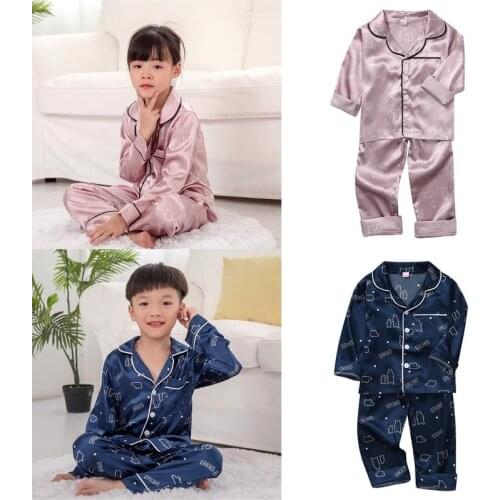 New Autumn Baby Kids Girls Boys Cartoon Animal Print Sleepwear Set Long Sleeve Button Blouse Tops+Pants Pajamas