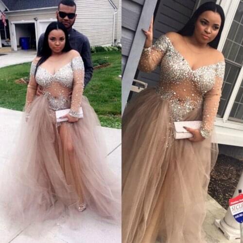 African Champagne Plus Size Prom Dresses 2019 vestidos de fiesta largos elegantes de gala Long Sleeve Sequined Party Dress