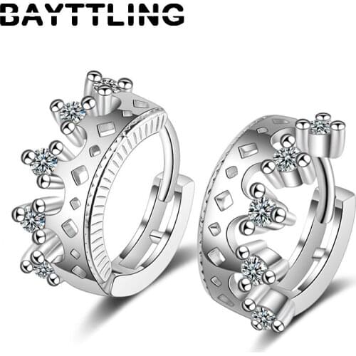BAYTTLING 925 Sterling Silver Fine Crown AAA Zircon Hoop Earrings For Women Fashion Charm Wedding Jewelry Gifts