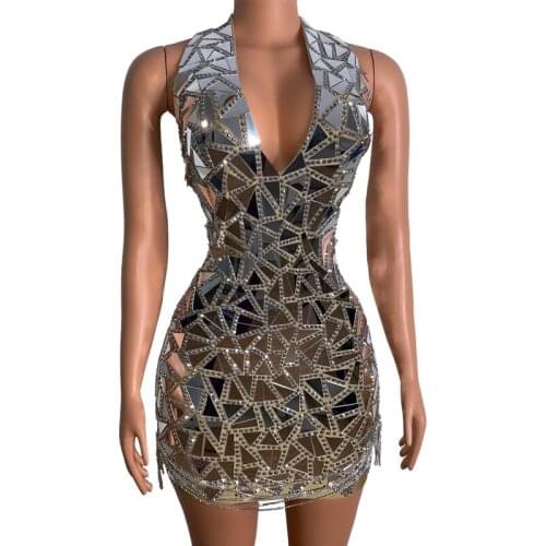 Shining Silver Mirrors Crystals Chains Dress Evening Party Wear Prom Sequins Dresses Singer Birthday Celebrate Costomes XS1923