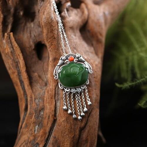 Boli S925 pure silver retro inlaid agate and Tian Jasper lotus magpie fringe lady sweater chain pendant