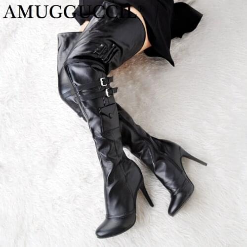 Customize Plus Big Size 34-47 Black Zip Buckle Sexy Thigh High Heel Over The Knee Female Lady Women Autumn Winter Boot X1675