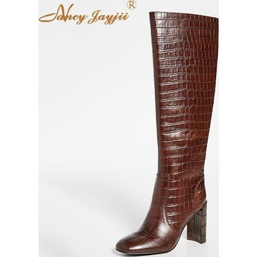 Croco Brown Knee High Famous Boots Chunky Heel Round Toe Vegan Shoes Luxury Zipper Woman Dress Party Plus Size 11 13 16 Winter