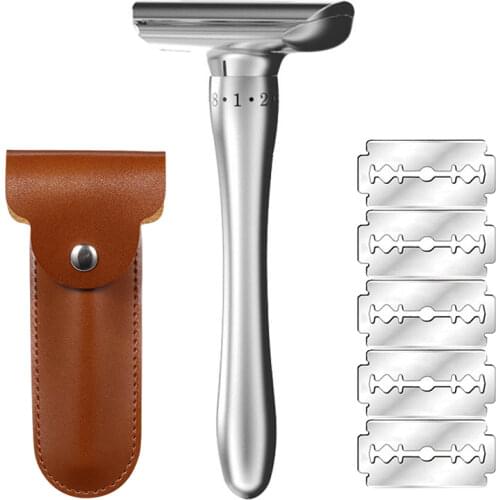 Double Edge Adjustable Safety Razors Classic Razor with 5 Blade & Case Long Handle Wet Shaving Zero Irritation Detachable Blades