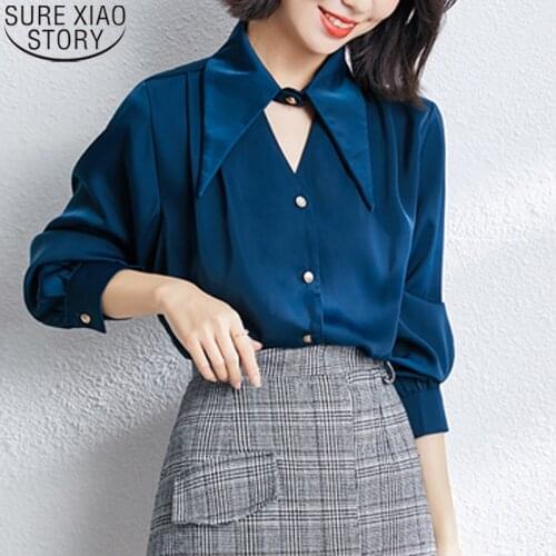 Elegant office Lady Shirt V-neck Satin Blouse Women tops 2021 Autumn Solid Long sleeve Shirt Women Clothes Blusas Mujer 15812