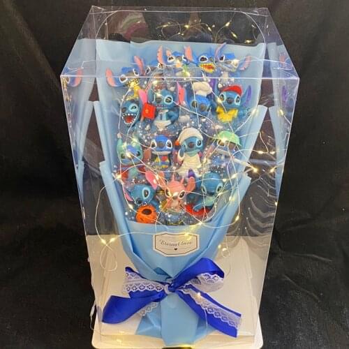 Disney Lilo Stitch Figure Toys Lilo Stitch Doraemon Chi-bi Maruko Cartoon Bouquet with Fake Soap Flower Birthday Gift No Box