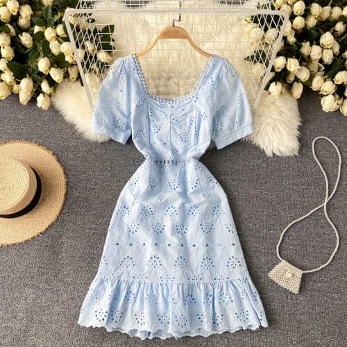 Gagaok Sweet Dresses for Women 2021 Summer French Hollow Out Puff Sleeve Square Collar Age Reducing Solid Dress Fashion Vestidos