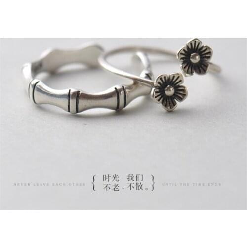 Retro Thai Silver Sweetheart Bamboo Plum 925 Sterling Silver Matching Rings For Women Flowers Couple Jewelry Anillos Mujer SR318