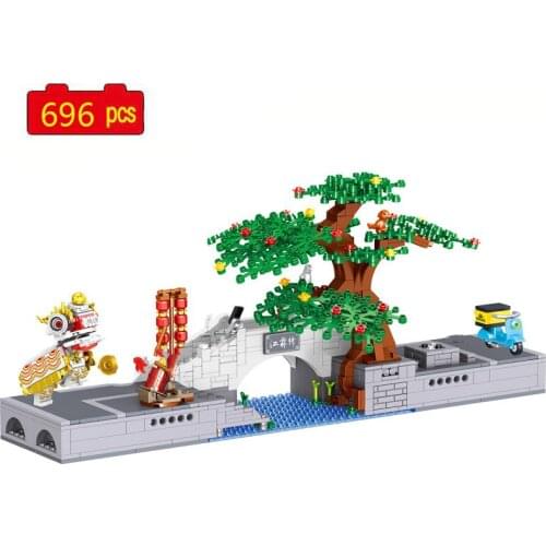 Chinese style Town Street Scene Series Bridge River Lion Dance DIY Model Building Blocks Toys Gifts
