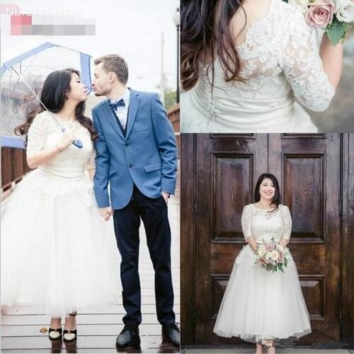 Short Spring Vintage Sheer Lace Ankle-Length Plus Size Wedding Dresses Couture Half Sleeve Tulle Bridal Gowns Covered Buttons