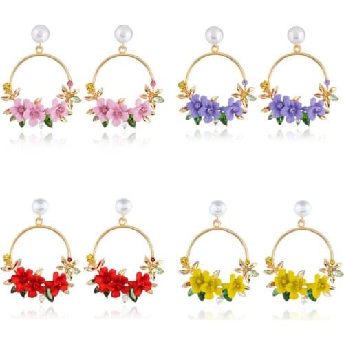 Creative New Color Glaze Flower Earrings Exquisite Leaves Crystal Pearl Flower Round Earring Goddess Temperament Fashion Jewelry