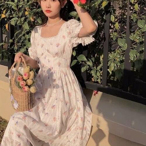 Summer Print Floral Dress Women Elegant Sweet Chic Kawaii Dress Female high waist French Sweet Party Beach Outdoor Dress 2021