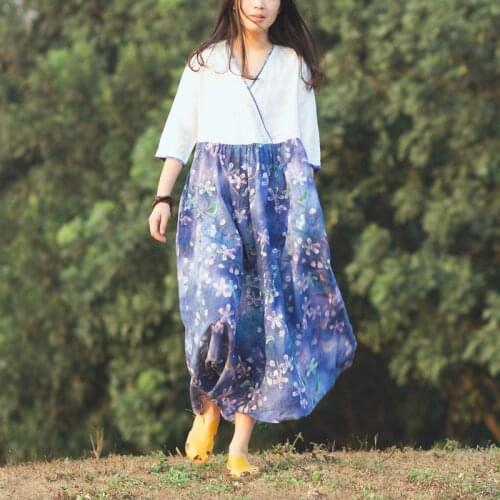 LZJN 2020 Summer Linen Women Short Sleeve Kimono Yukata Korean Style V Neck Patchwork Hanbok Costume Printing Hanfu Dress