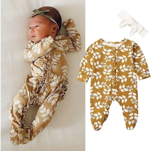0-6M Newborn Baby Cotton Soft Rompers Girls Boys Long Sleeve Floral O-Neck Romper with Headband Outfits Clothes Dropshipping