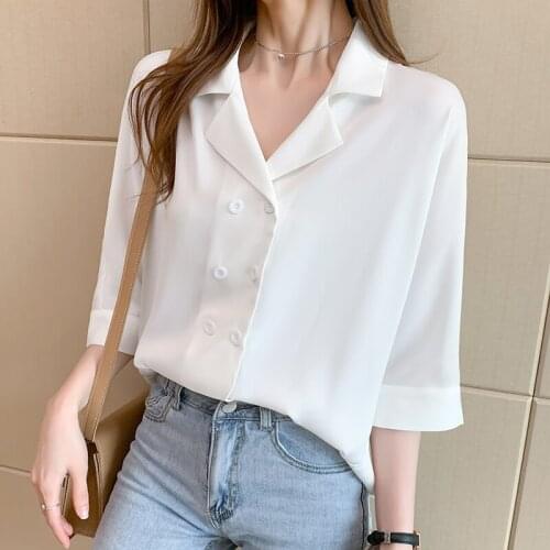 2021New Womens Shirt Solid color Chiffon Blouse Female Loose Half sleeve suit collar Shirts Lady Simple Style Tops