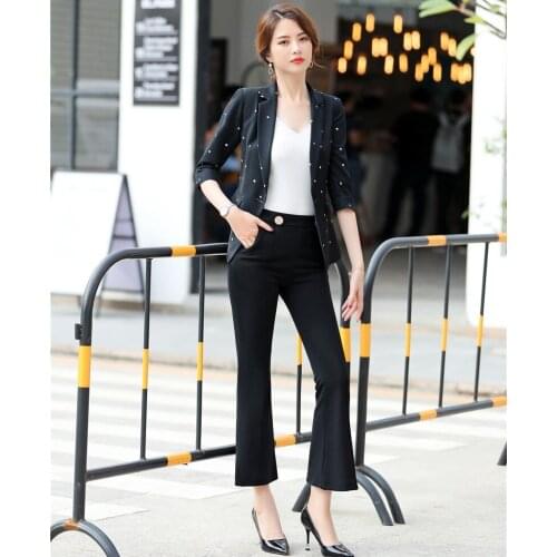 New 219 Casual Ladies Black Blazer Women Business Suits with Pant and Jacket Sets Office Uniform Styles Half Sleeve