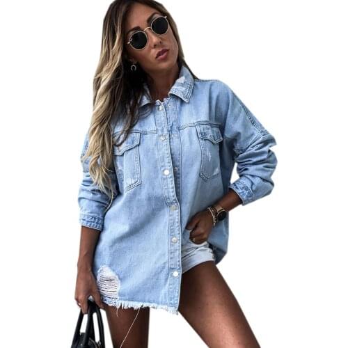 2021 Autumn New Womens Long Sleeve Denim Shirt Jacket Fashion Ripped Mid-length Jeans Shirt Tops Boyfriend Loose Shirts Coat