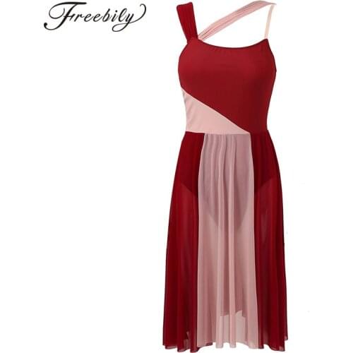 New Women Sleeveless Mesh Color Block Gymnastics Leotards Ballet Figure Skating Dress Adults Contemporary Lyrical Dance Costumes