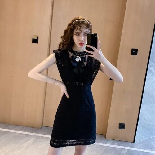 New arrival fashion summer mini party dress women OL temperament sweet o-neck hollow perspective bow mesh stitching lace dress