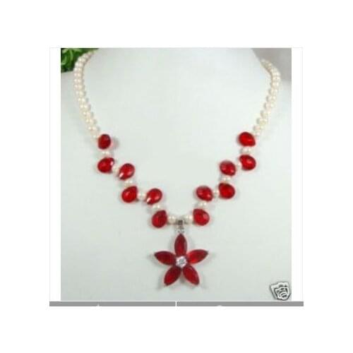 Charming White Pearl Red created jades flower Pendants necklace