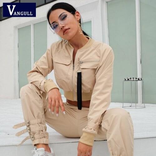 Vangull Fashion Women Two Pieces Sets Zipper short Crop Tops Cargo Pants Female Casual Sets Buckle Streetwear Jacket and Pants