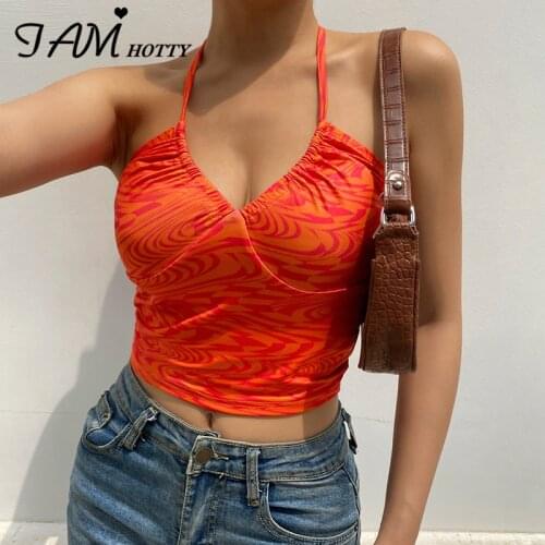 Y2k Beach Party Clubwear Sexy Halter Camisole Women Vintage Aesthetic Paisley Printed V Neck Summer Red Crop Top Casual Iamhotty