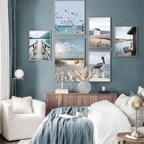 Nature Sea Landscape Canvas Painting Beach Beige Grass Boat Wall Art Prints Nordic Scenery Posters for Living Room Decor