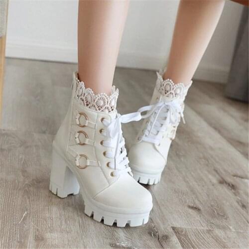 PXELENA Chunky Block High Heel Punk Boots Women Winter Wedding Shoes Lace Ruffles Buckle Biker Combat Goth Black White Plus Size
