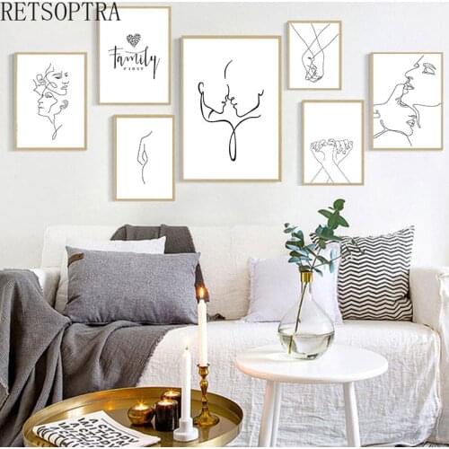 Line Drawing Couple Kiss hug Abstract art print Poster Wall Canvas poster Picture Black White Simple Painting Modern Home Decor