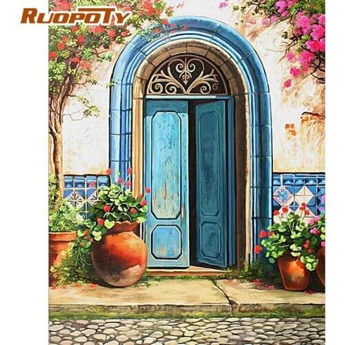 RUOPOTY Oil Painting By Numbers For Adults Children Handmade Diy Gift Blue Door Landscape Picture By Number For Home Wall Decor