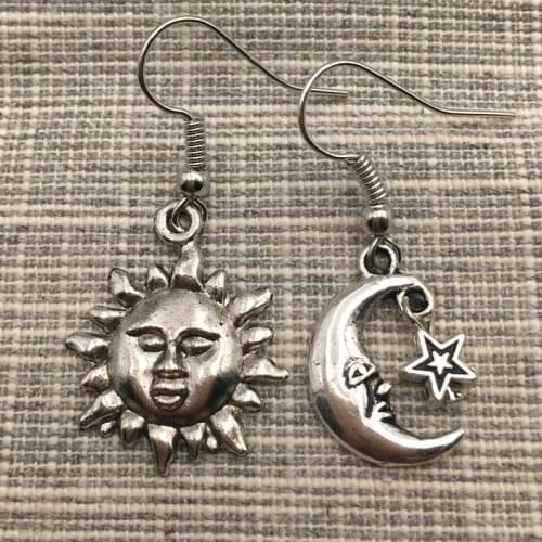 Handmade MISMATCH SUN MOON AND STAR Drop Earrings CELESTIAL Tibetan Silver Gift,Wicca,Pagan,Crescent Moon Earrings