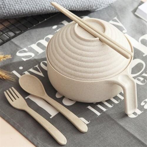 Japanese Style Eco-Friendly Wheat Straw Noodles Bowl With Lid and Handle Dinnerware Set Soup Microwaveable Salad Rice Bowl