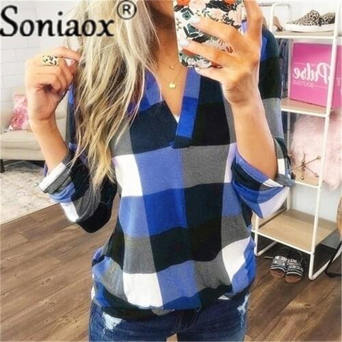 Large Size Womens Plaid Printed Casual T-Shirt Tops Sexy V Neck 2021 Spring And Autumn Long-Sleeve Ladies T-Shirt Streetwear