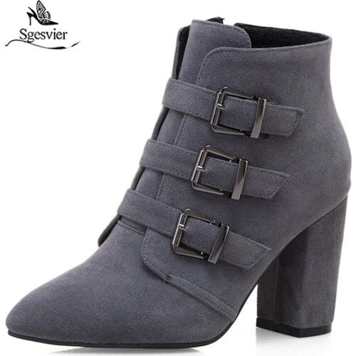 Sgesvier Red Black Large Size Autumn Winter Block High Heels Boots Flock Buckle Strap Ankle Boot Shoes Woman Footwear G699
